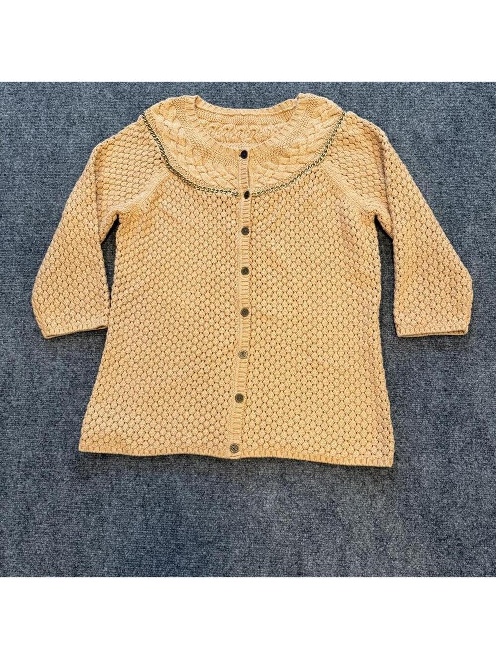 Vintage knitted 3/4 sleeve cardigan interwoven gold chain detail womenโs medium